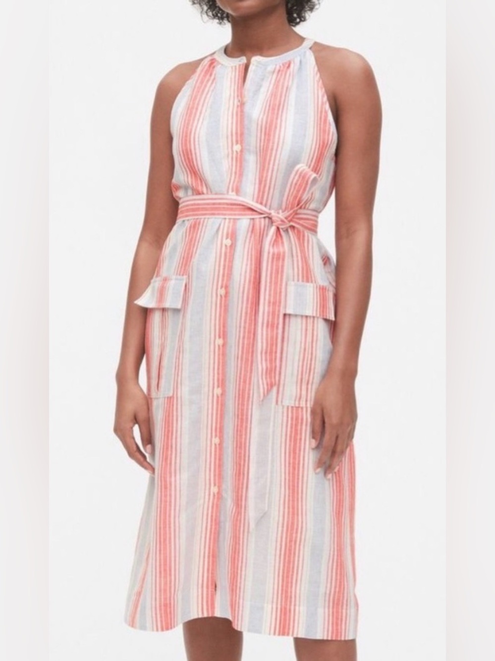GAP NWT Striped Halter Neck Linen Blend Midi Shirt Dress Small Red Blue White